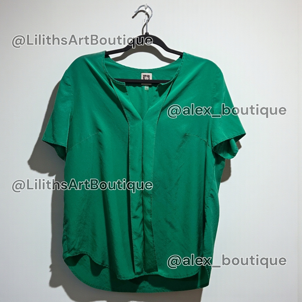 Anne Klein Silk Blouse Emerald Green Split Neck Size 12 (L001) - Picture 2 of 8